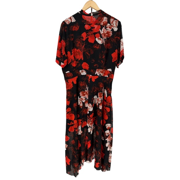 Red Black Floral Short Sleeve Tie Neck Maxi Dress size 14 NWT - Picture 9 of 11